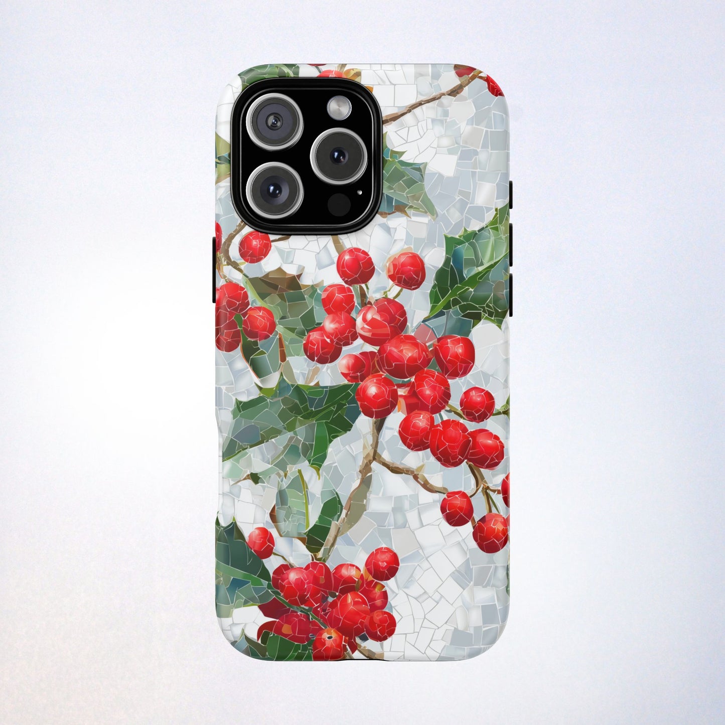 Holly Berry Phone Case, Christmas Mosaic Design, Winter Botanical Cover for iPhone Samsung Pixel