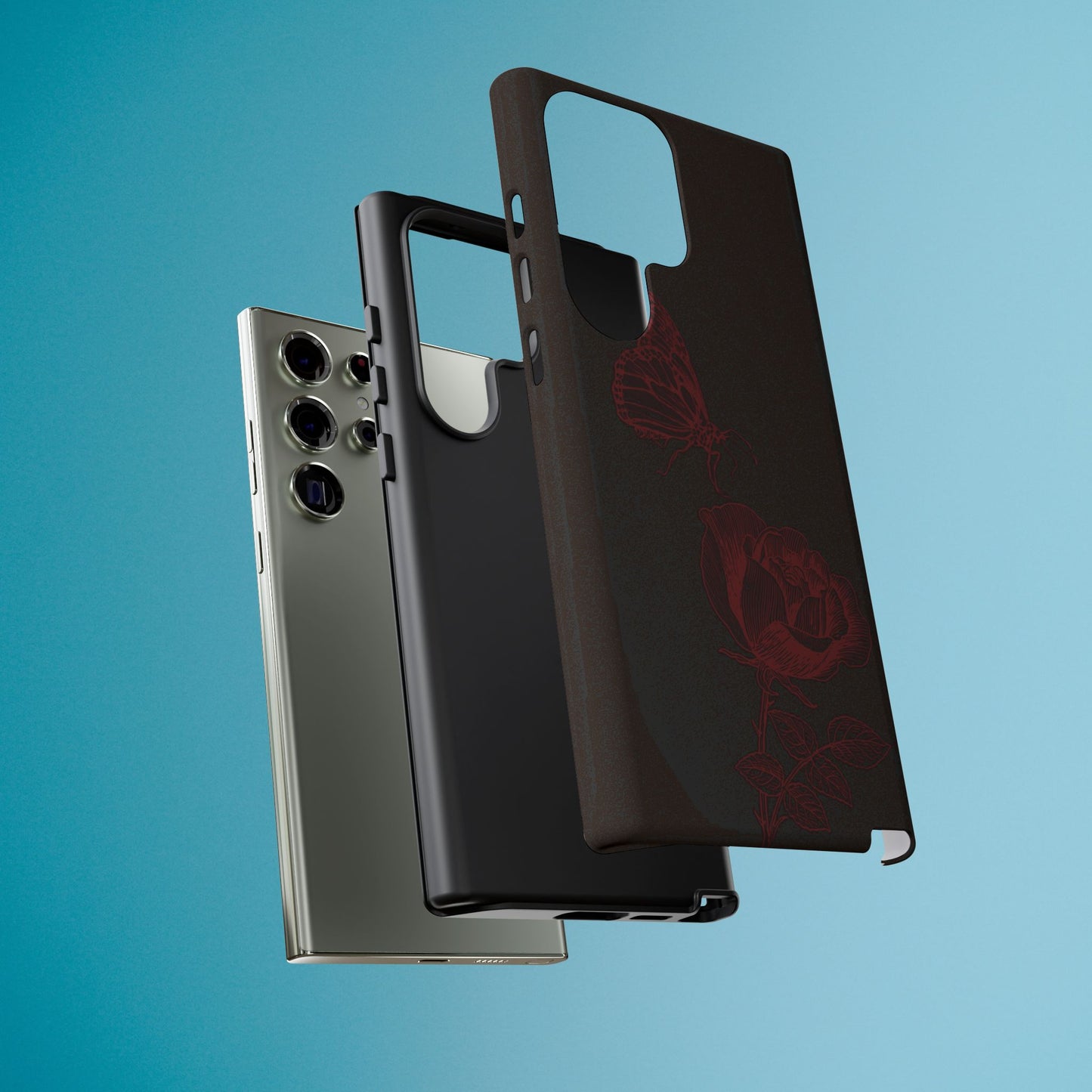 Black Rose and Butterfly Phone Case - Dark Academia Aesthetic Gothic iPhone, Galaxy and Pixel Cover