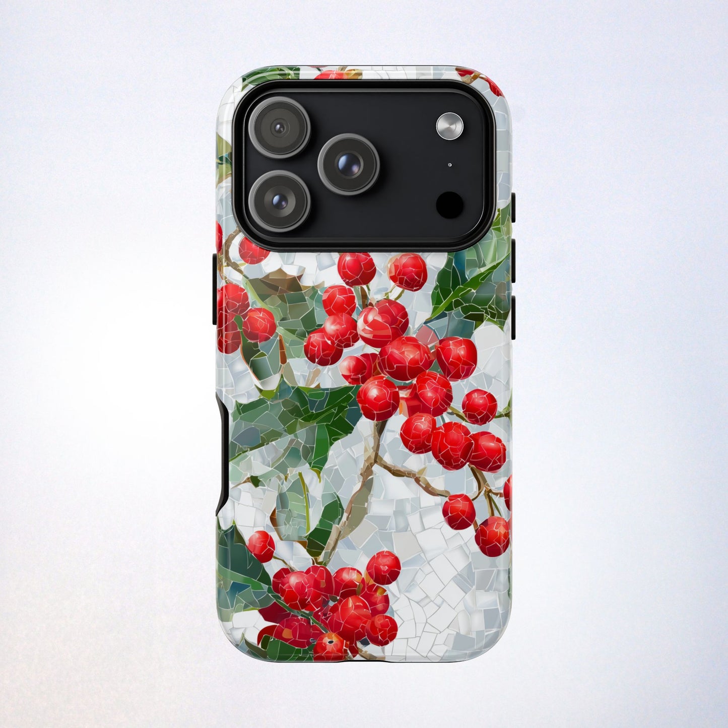Holly Berry Phone Case, Christmas Mosaic Design, Winter Botanical Cover for iPhone Samsung Pixel