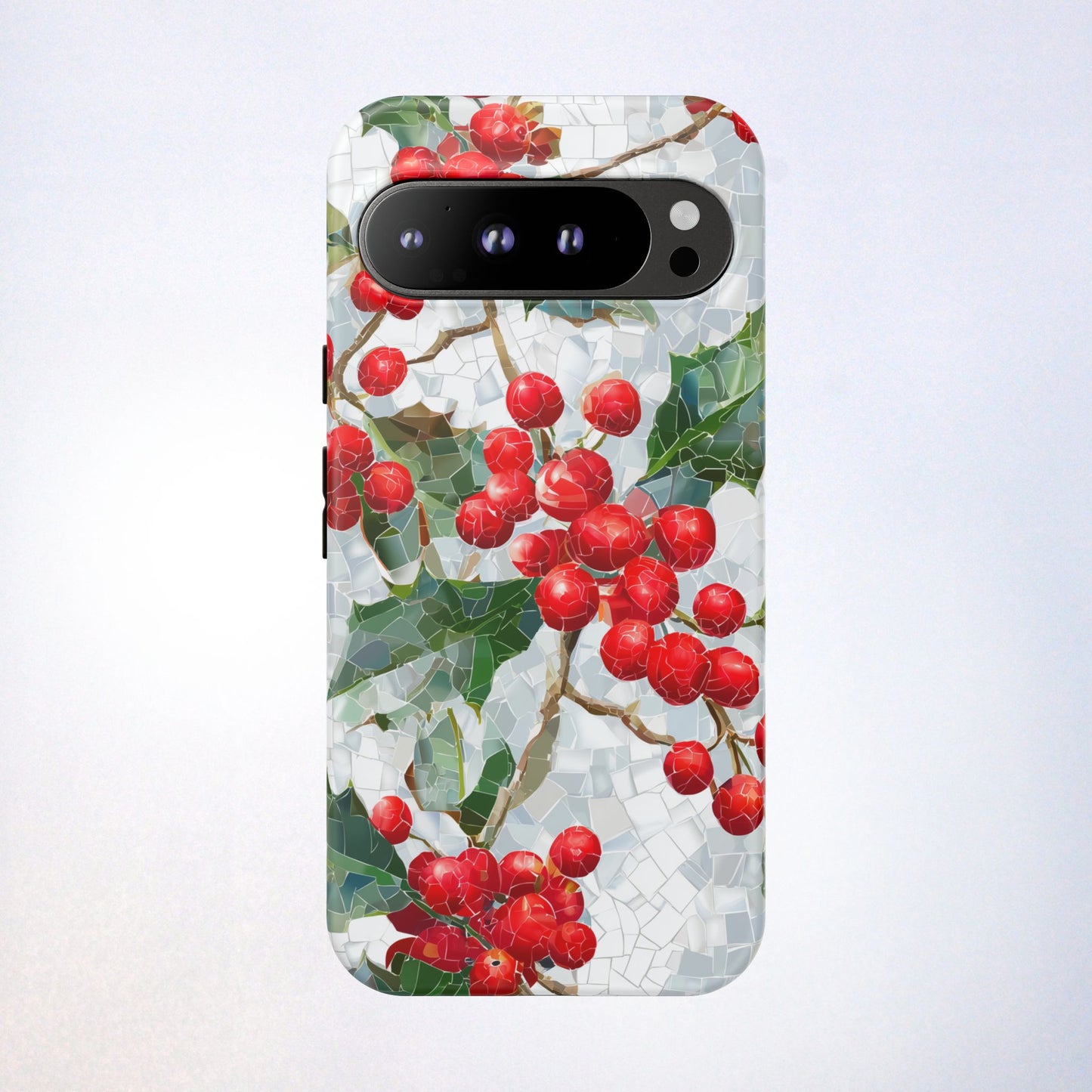 Holly Berry Phone Case, Christmas Mosaic Design, Winter Botanical Cover for iPhone Samsung Pixel