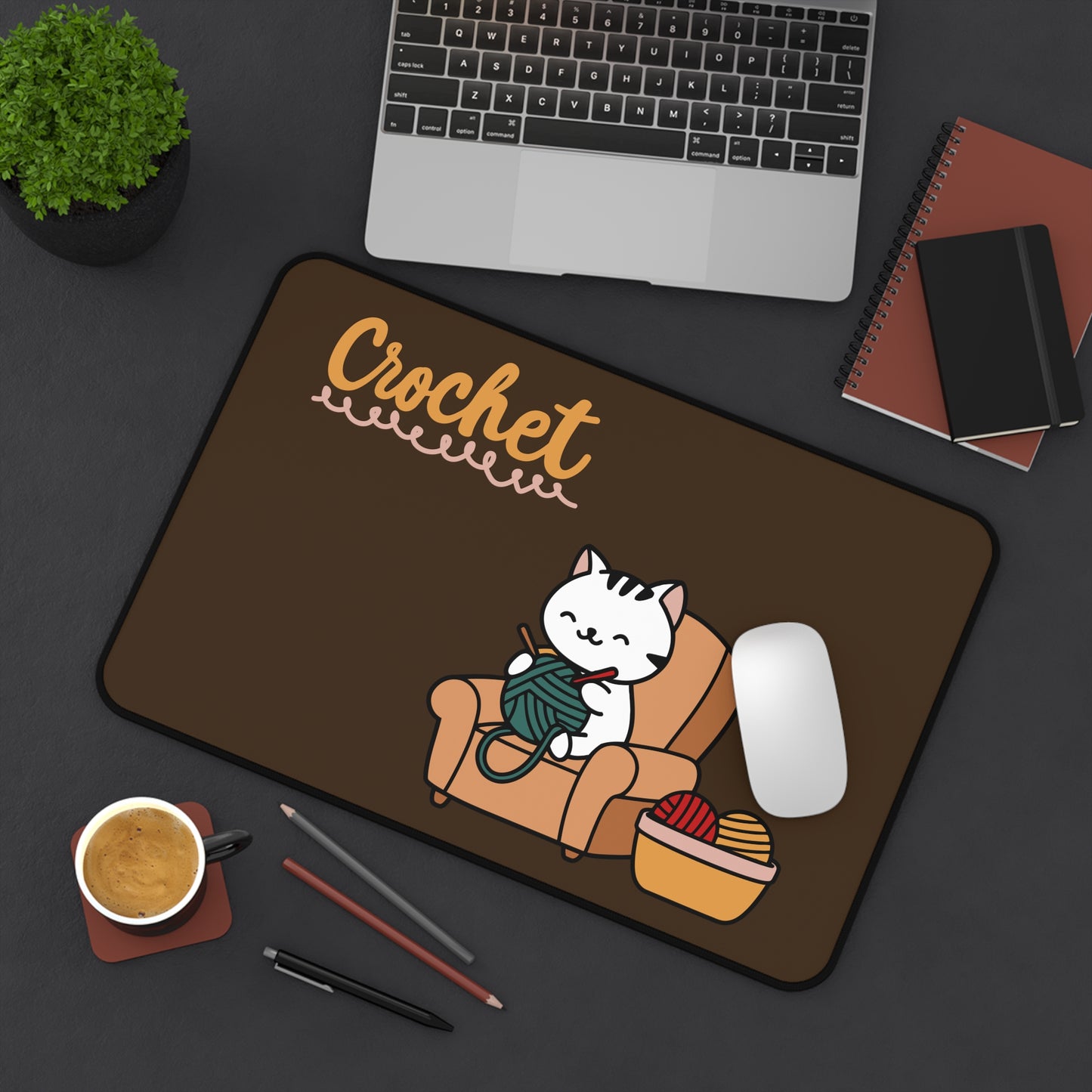 Crochet Cat Desk Mat, Cute Crochet Lover Mouse Pad, Yarn Craft Gift, Crochet Workspace Decor