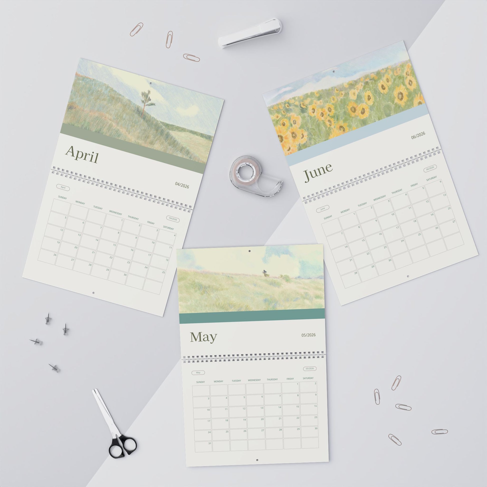 2026 botanical wall calendar with nature-inspired monthly illustrations and planner grids.