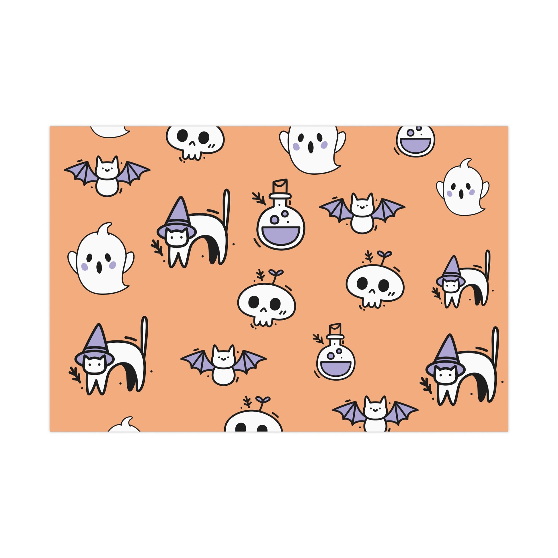 Halloween-themed pattern with ghosts, cats, bats, and potion bottles on an orange background.