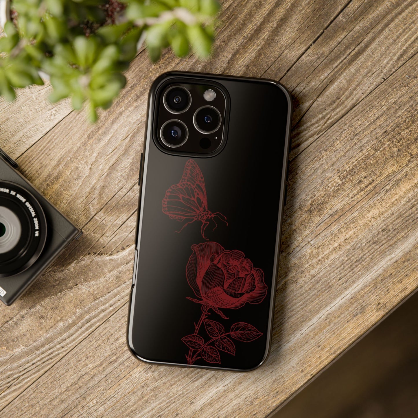 Black Rose and Butterfly Phone Case - Dark Academia Aesthetic Gothic iPhone, Galaxy and Pixel Cover