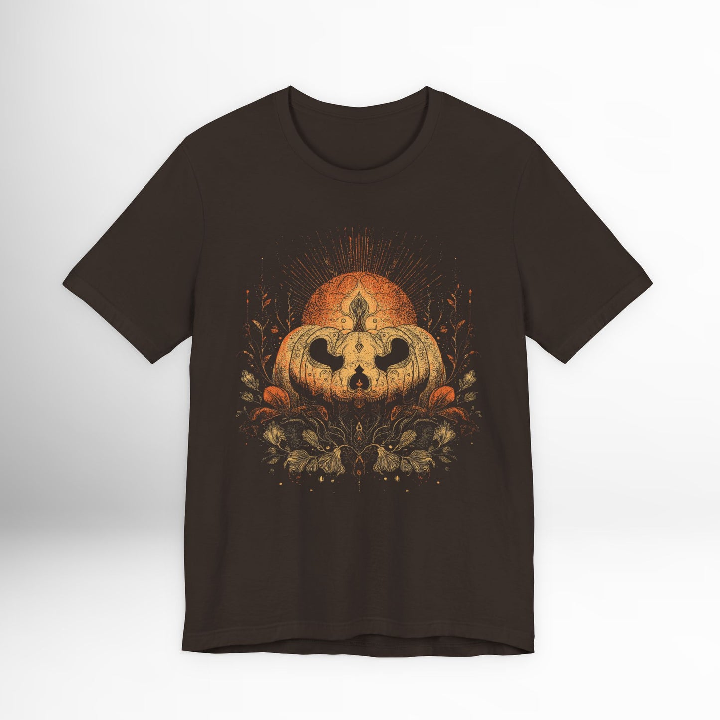 Black t-shirt with a pumpkin design on a white background