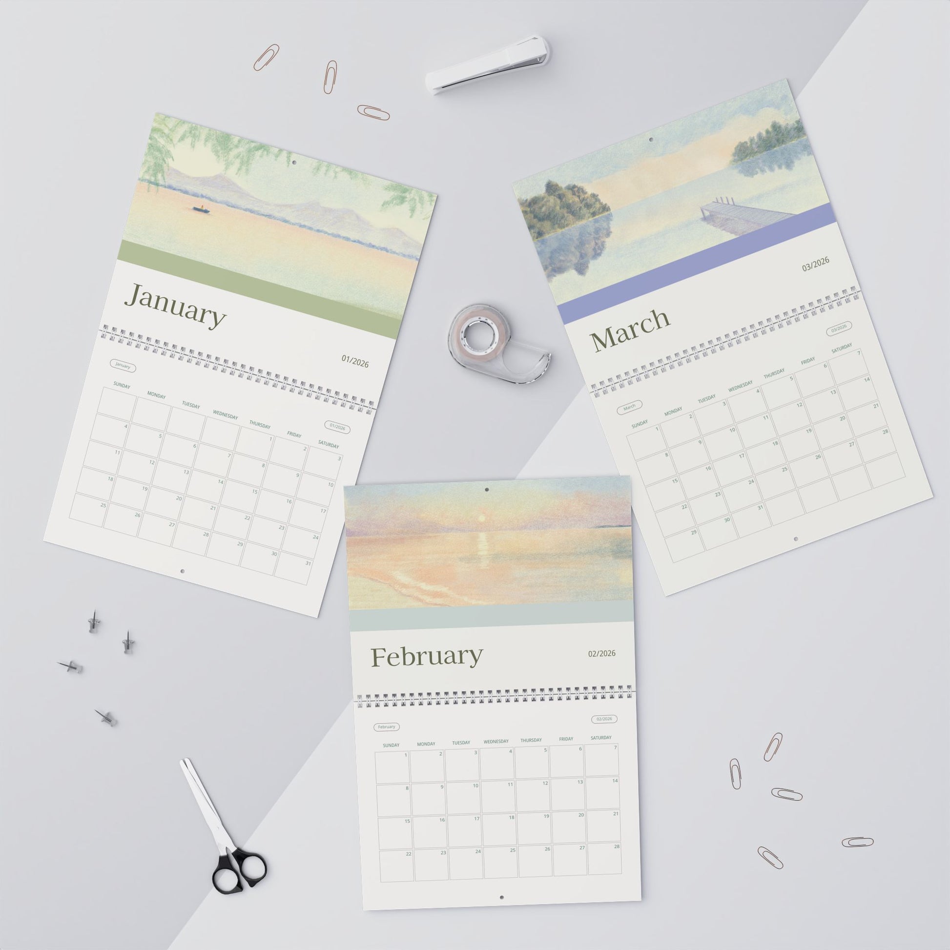 Three scenic calendars for January, February, and March on a light gray background.
