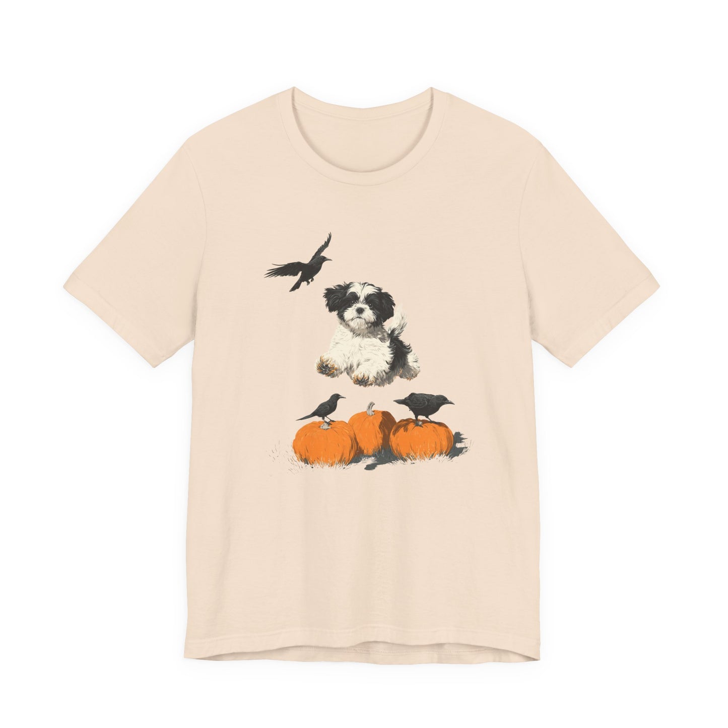 Shih Tzu Fall Shirt Black & White Dog Tee with Pumpkins and Crows, Autumn Pet Lover Gift, Halloween Cozy Graphic T-Shirt