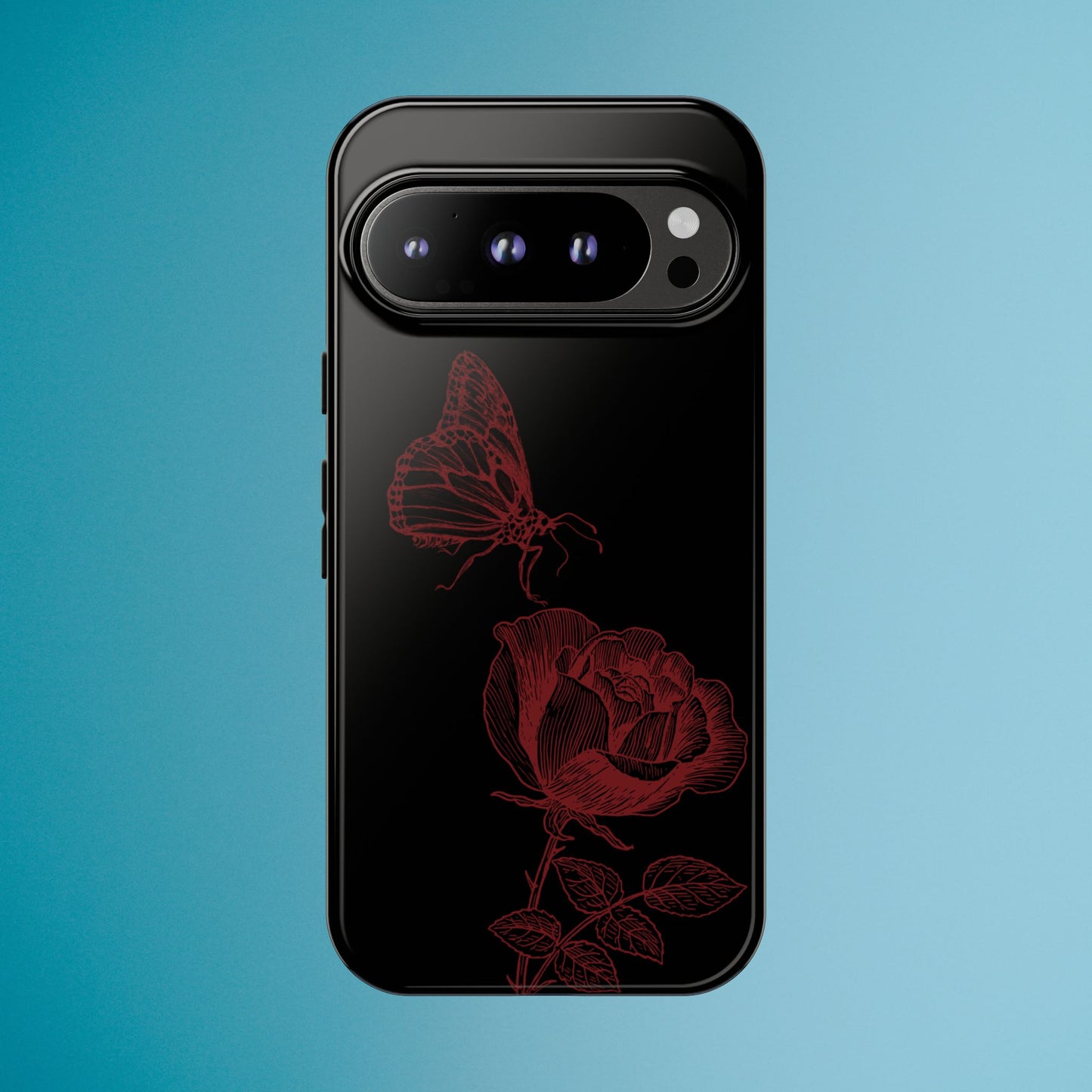 Black Rose and Butterfly Phone Case - Dark Academia Aesthetic Gothic iPhone, Galaxy and Pixel Cover