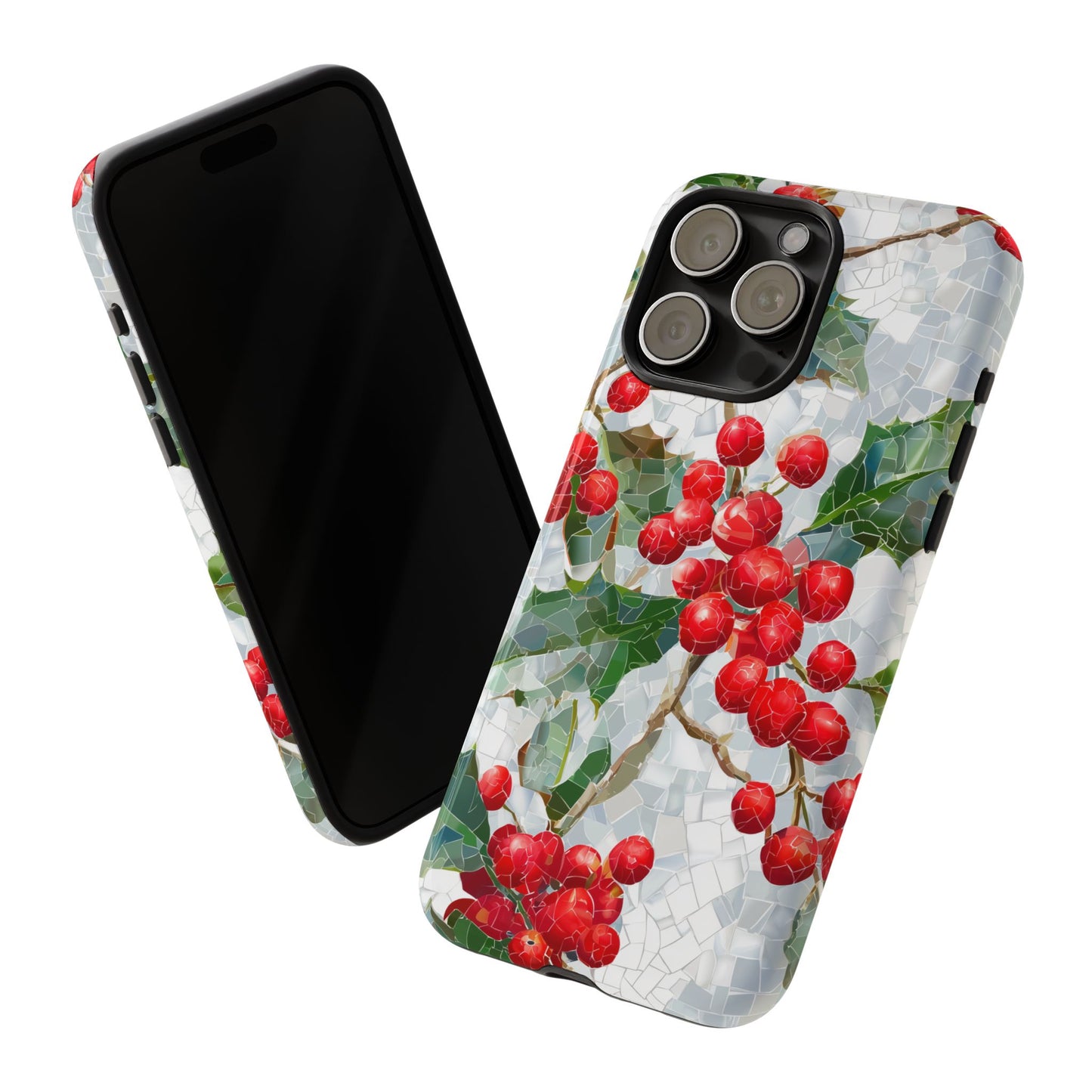 Holly Berry Phone Case, Christmas Mosaic Design, Winter Botanical Cover for iPhone Samsung Pixel