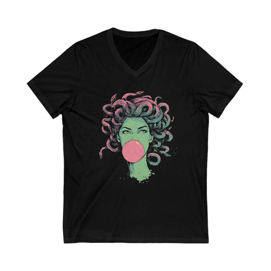 Medusa Bubblegum Tee | Unisex V-Neck T-Shirt, Unique Art Shirt, Snake Hair Goddess Trendy Graphic Tee, Casual Wear