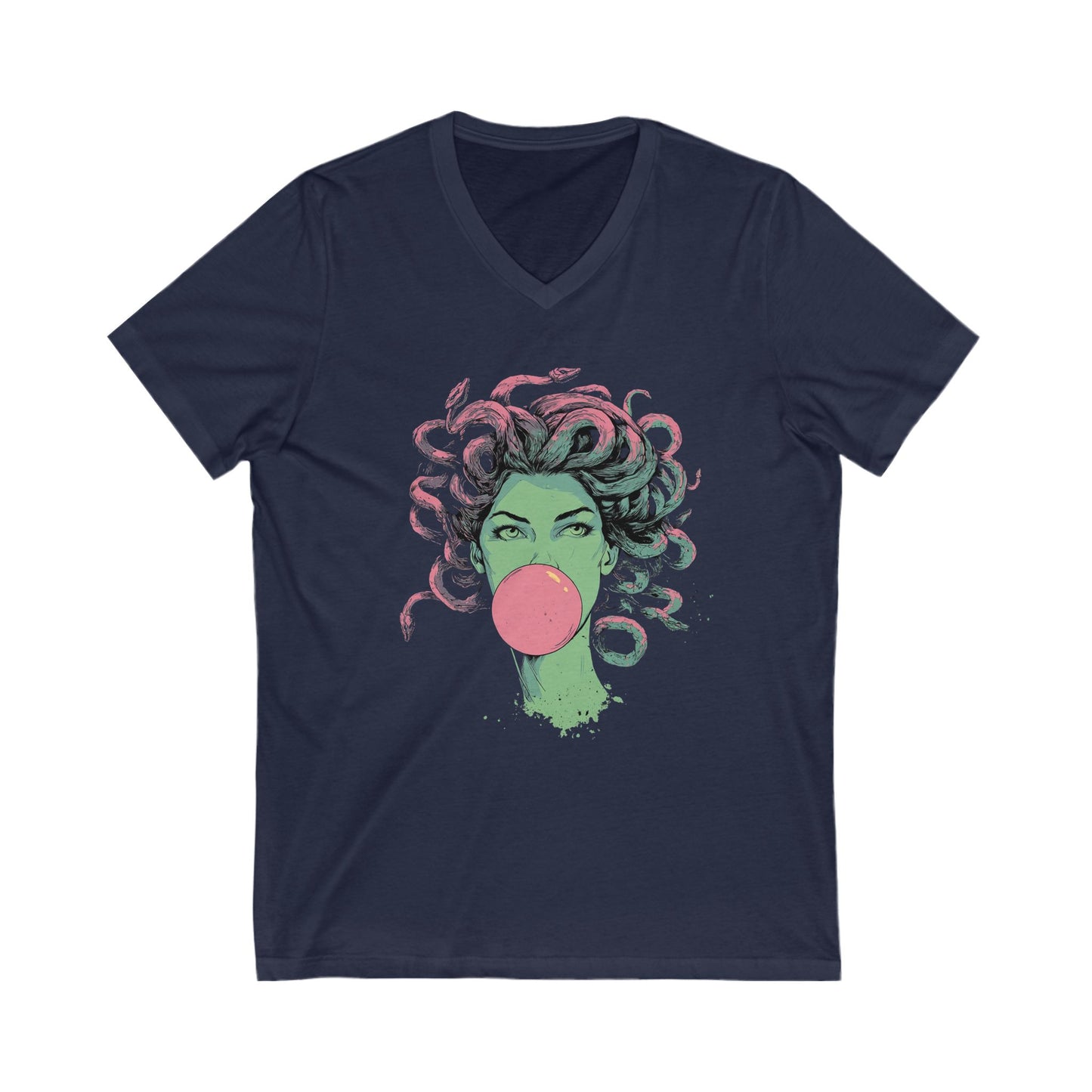 Medusa Bubblegum Tee | Unisex V-Neck T-Shirt, Unique Art Shirt, Snake Hair Goddess Trendy Graphic Tee, Casual Wear