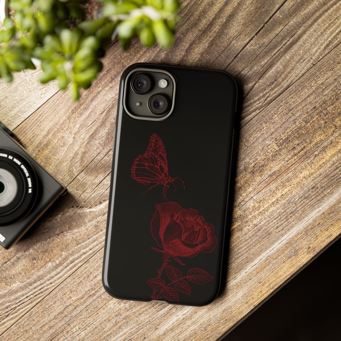 Black Rose and Butterfly Phone Case - Dark Academia Aesthetic Gothic iPhone, Galaxy and Pixel Cover