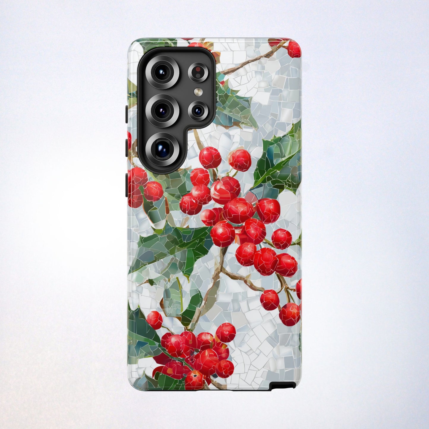 Holly Berry Phone Case, Christmas Mosaic Design, Winter Botanical Cover for iPhone Samsung Pixel