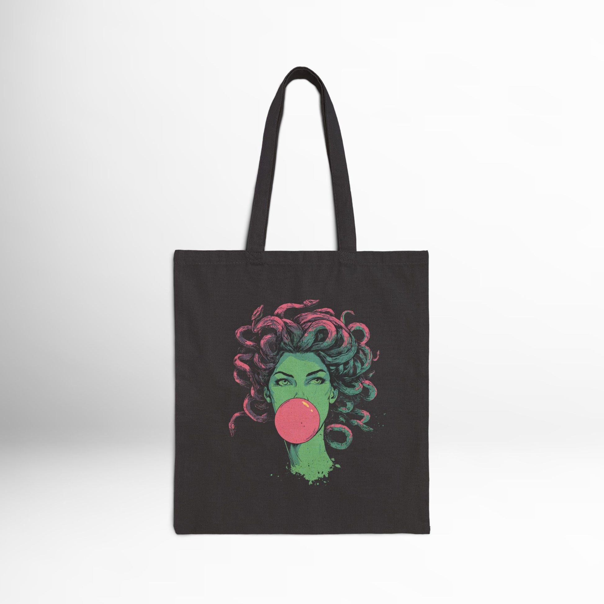 Medusa bubblegum tote bag with Greek mythology design – reusable shopping bag.
