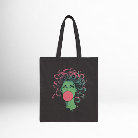 Medusa bubblegum tote bag with Greek mythology design – reusable shopping bag.