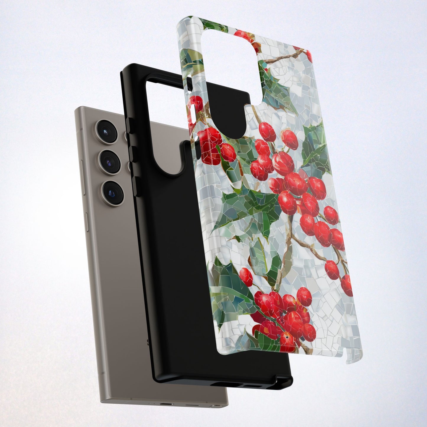 Holly Berry Phone Case, Christmas Mosaic Design, Winter Botanical Cover for iPhone Samsung Pixel