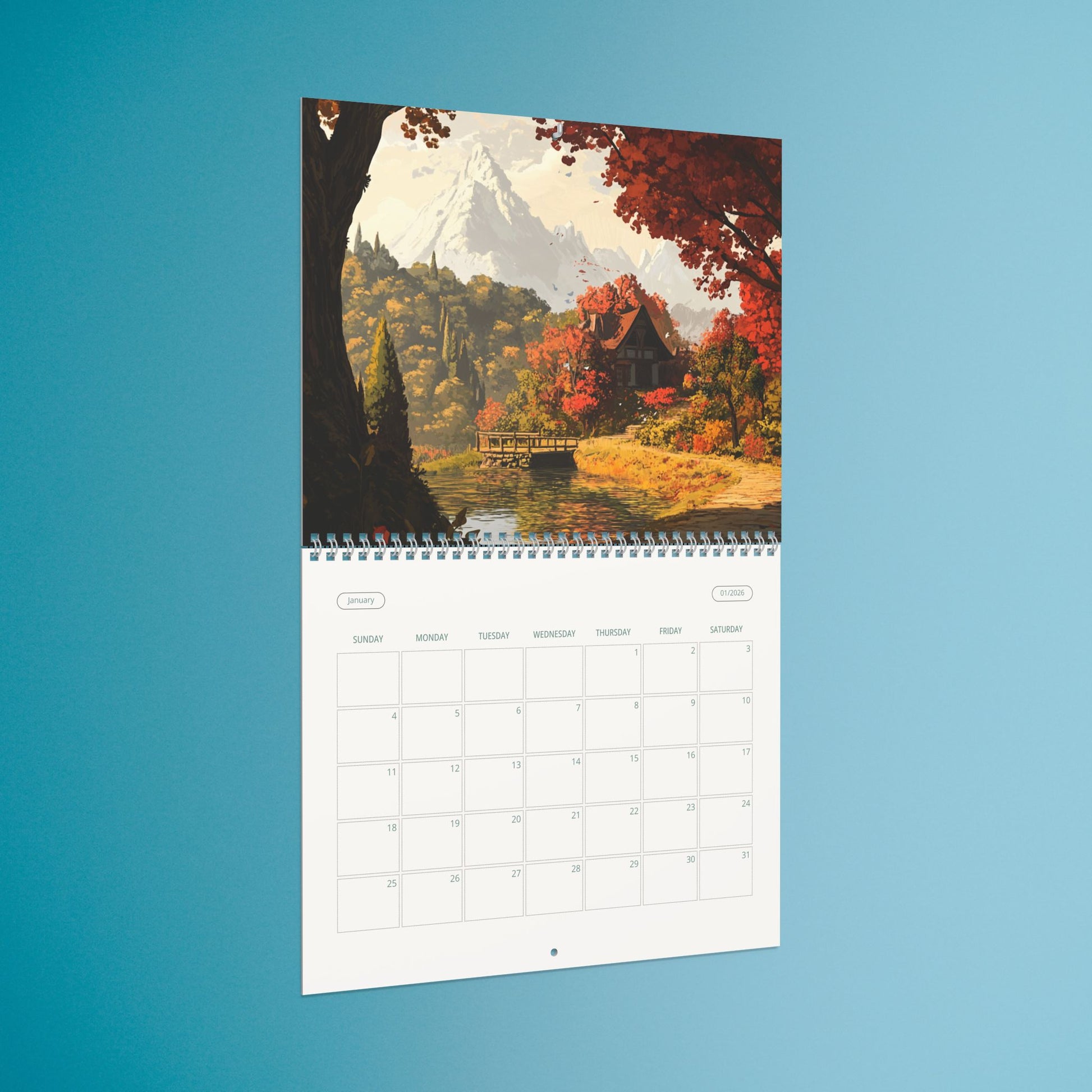 Calendar with a scenic design of trees and a house on a blue background