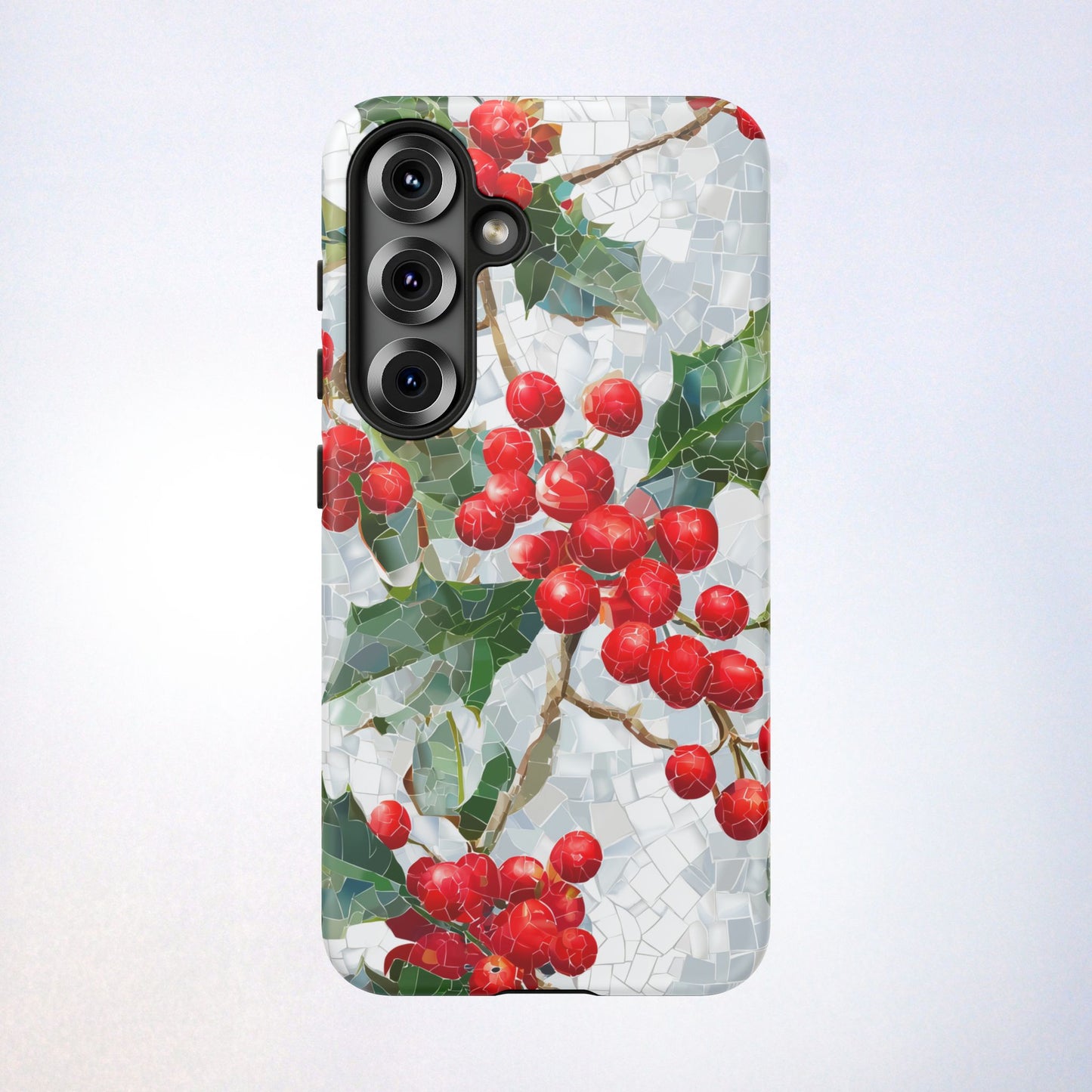 Holly Berry Phone Case, Christmas Mosaic Design, Winter Botanical Cover for iPhone Samsung Pixel