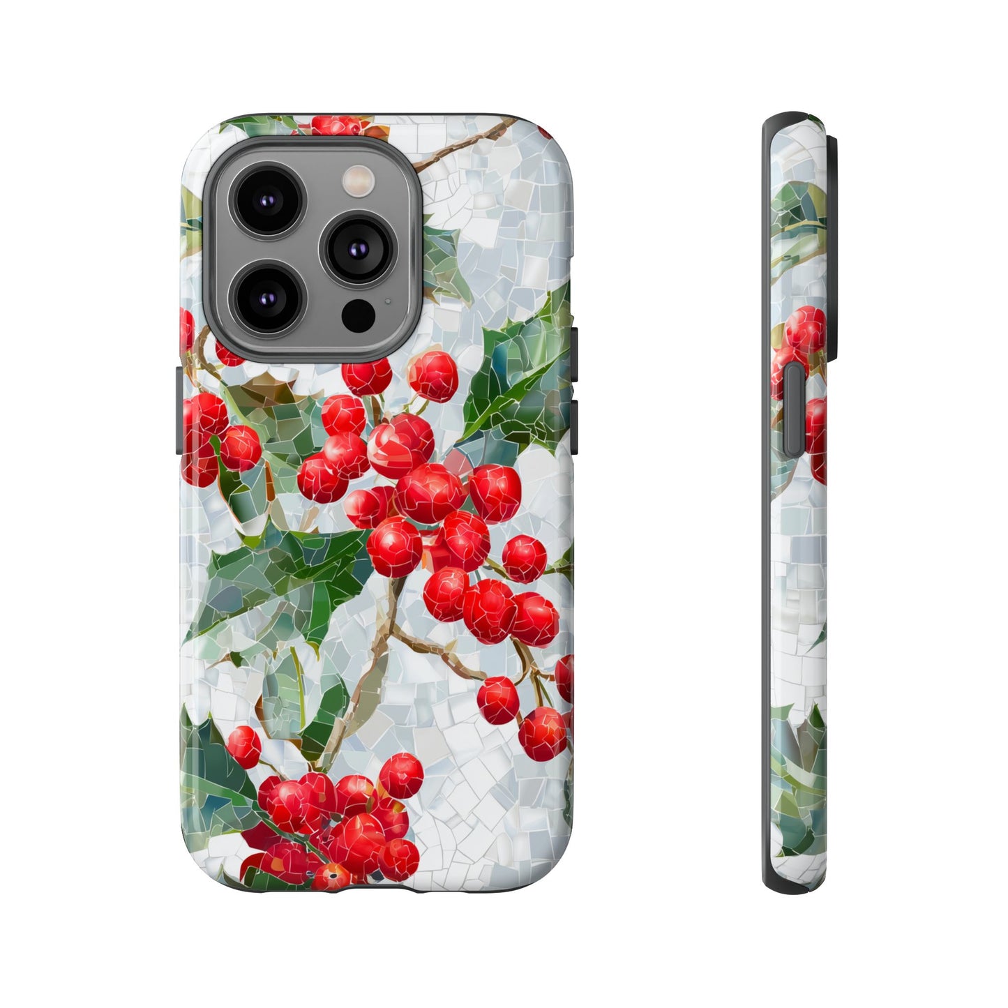 Holly Berry Phone Case, Christmas Mosaic Design, Winter Botanical Cover for iPhone Samsung Pixel