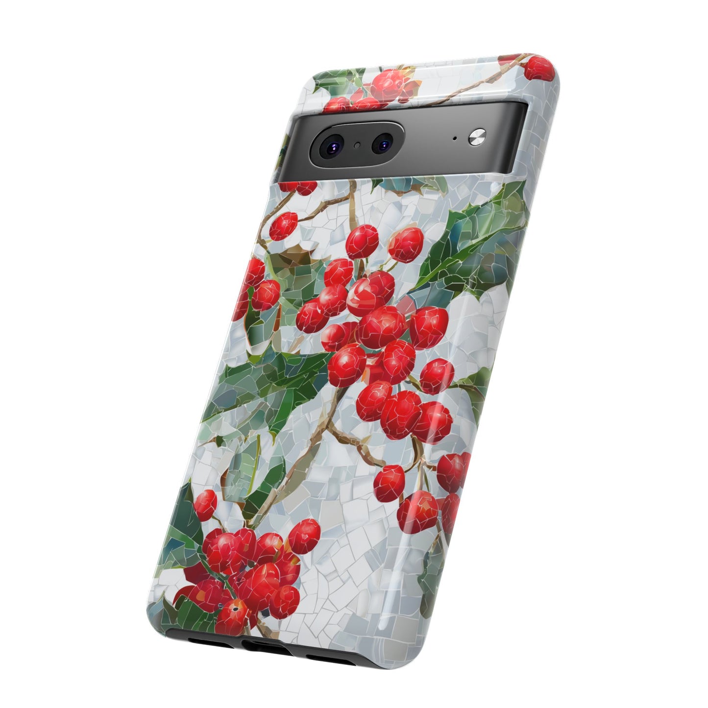Holly Berry Phone Case, Christmas Mosaic Design, Winter Botanical Cover for iPhone Samsung Pixel