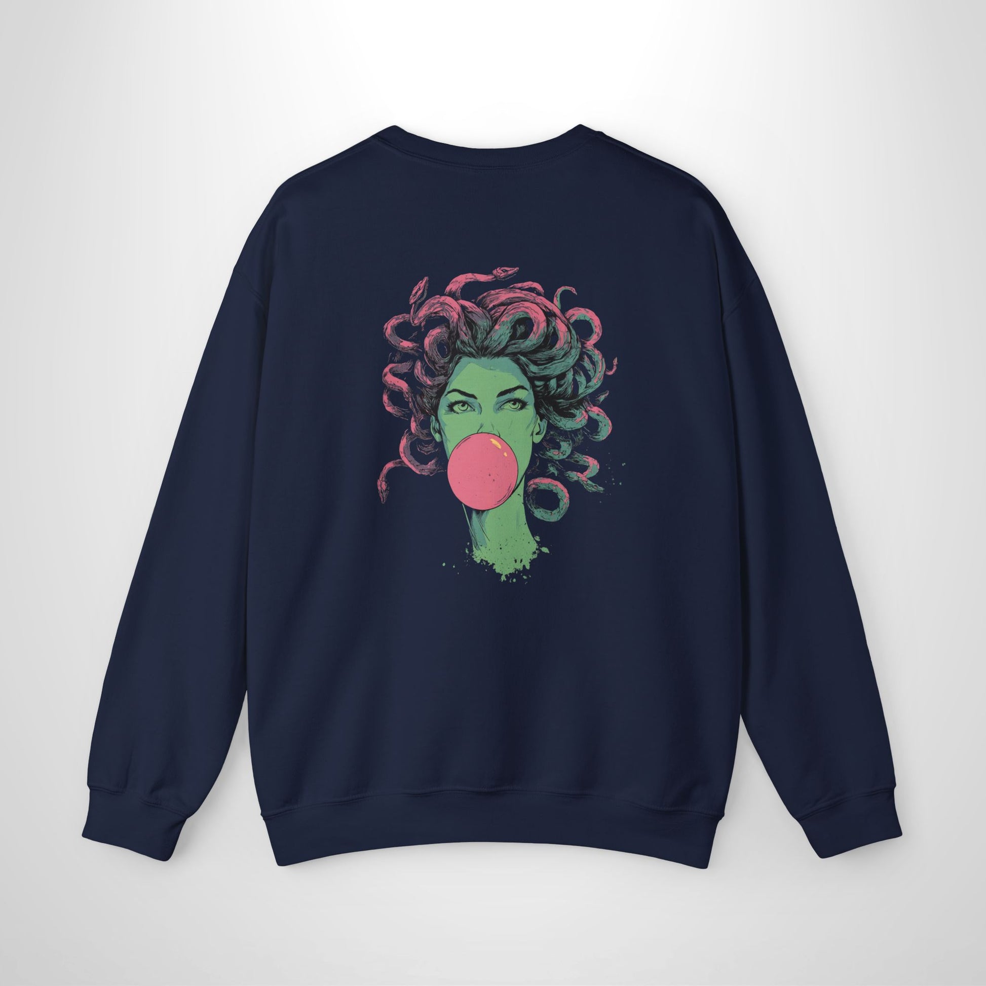 Navy blue sweatshirt with a colorful graphic of a face blowing a bubble on a white background