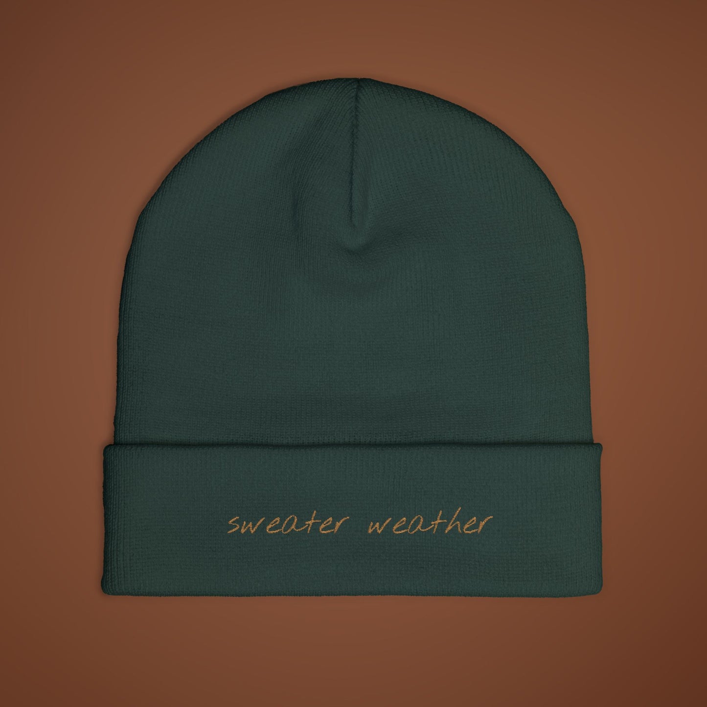 Sweater Weather Embroidered Beanie, Cozy Knit Fall Hat, Winter Accessory, Brown Embroidery Autumn Fashion Gift