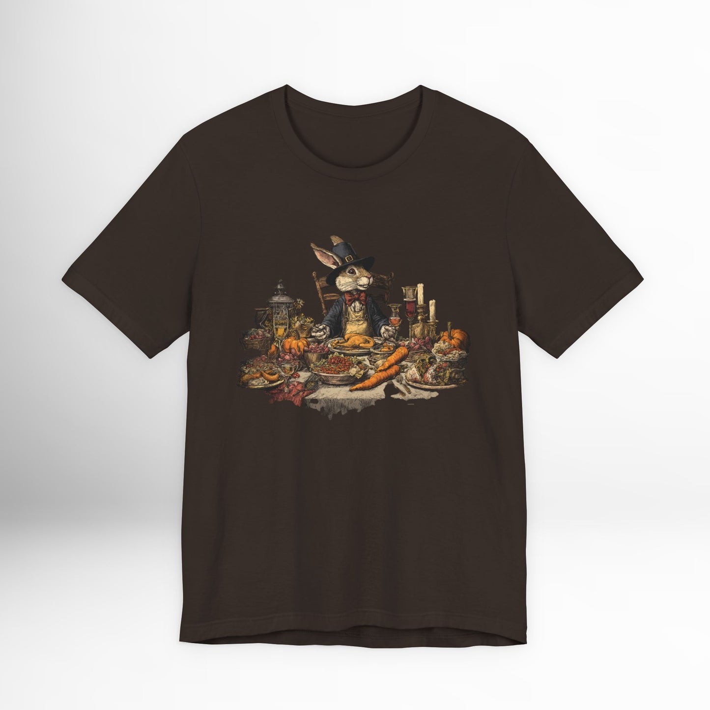 Thanksgiving Rabbit Feast T-Shirt Vintage Holiday Graphic Tee, Autumn Dinner Woodland Animal Shirt, Rustic Harvest Celebration Top