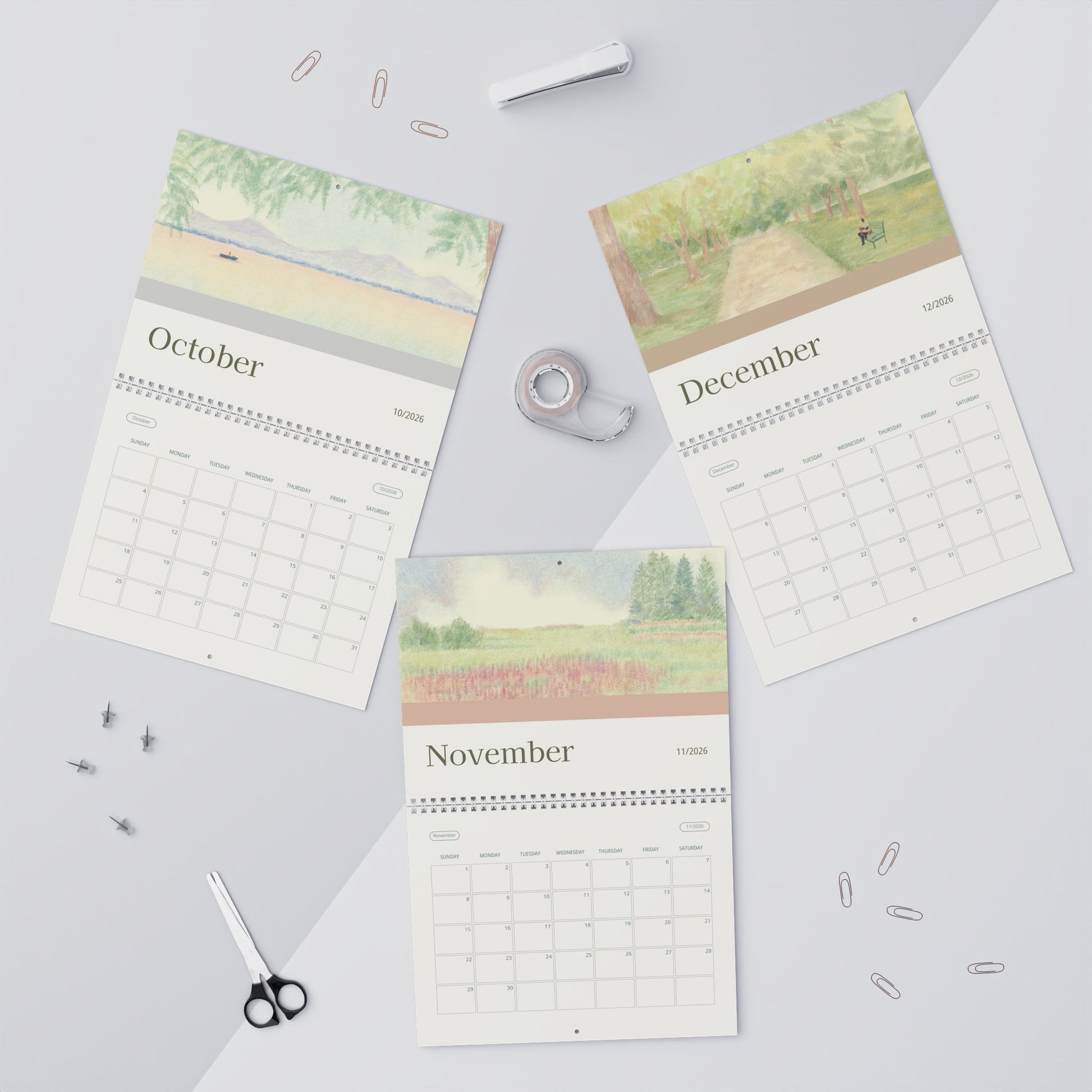 2026 botanical wall calendar with nature-inspired monthly illustrations and planner grids.