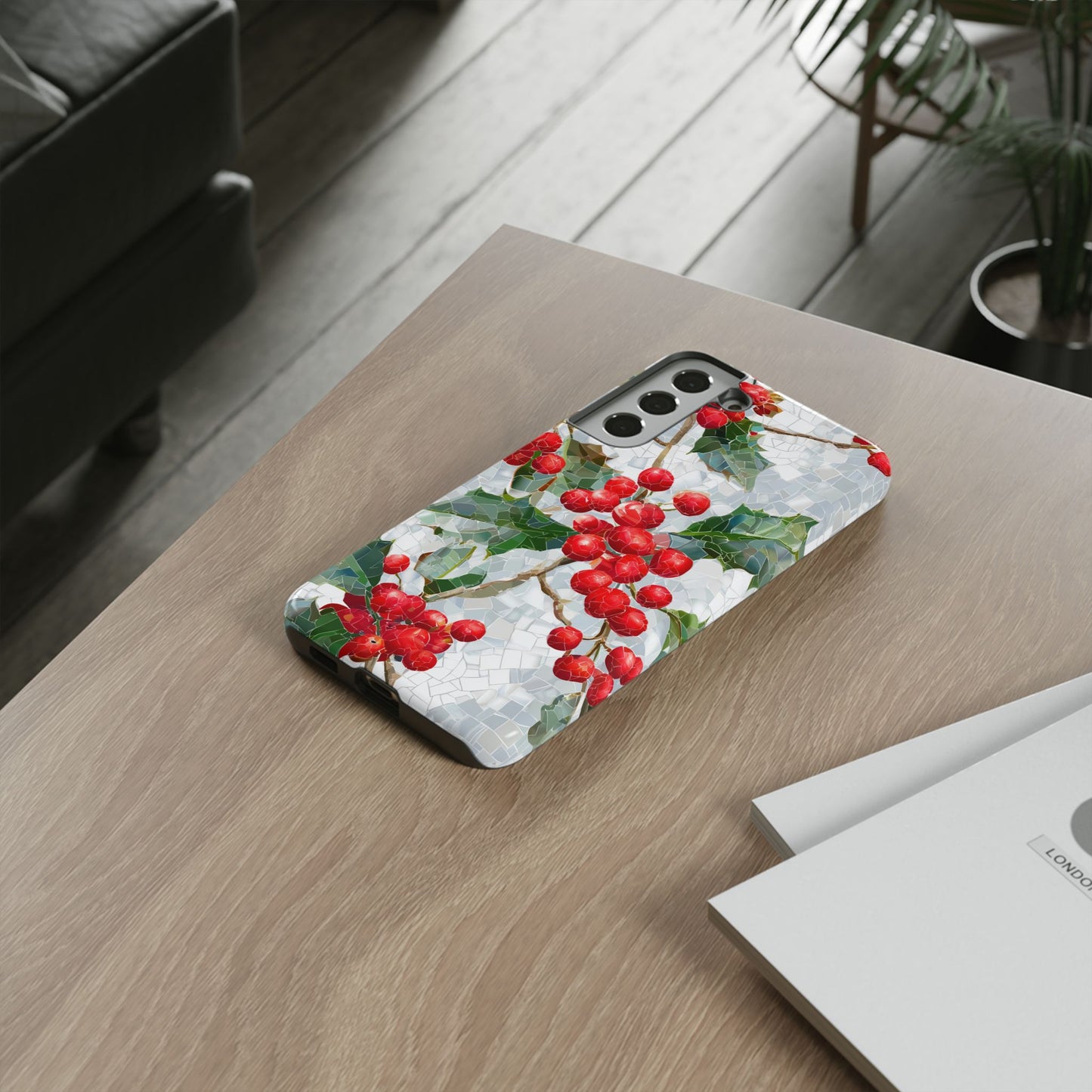 Holly Berry Phone Case, Christmas Mosaic Design, Winter Botanical Cover for iPhone Samsung Pixel