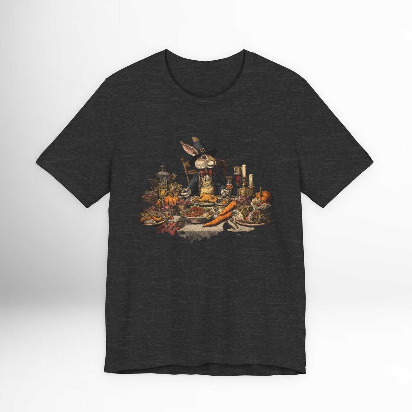 Thanksgiving Rabbit Feast T-Shirt Vintage Holiday Graphic Tee, Autumn Dinner Woodland Animal Shirt, Rustic Harvest Celebration Top