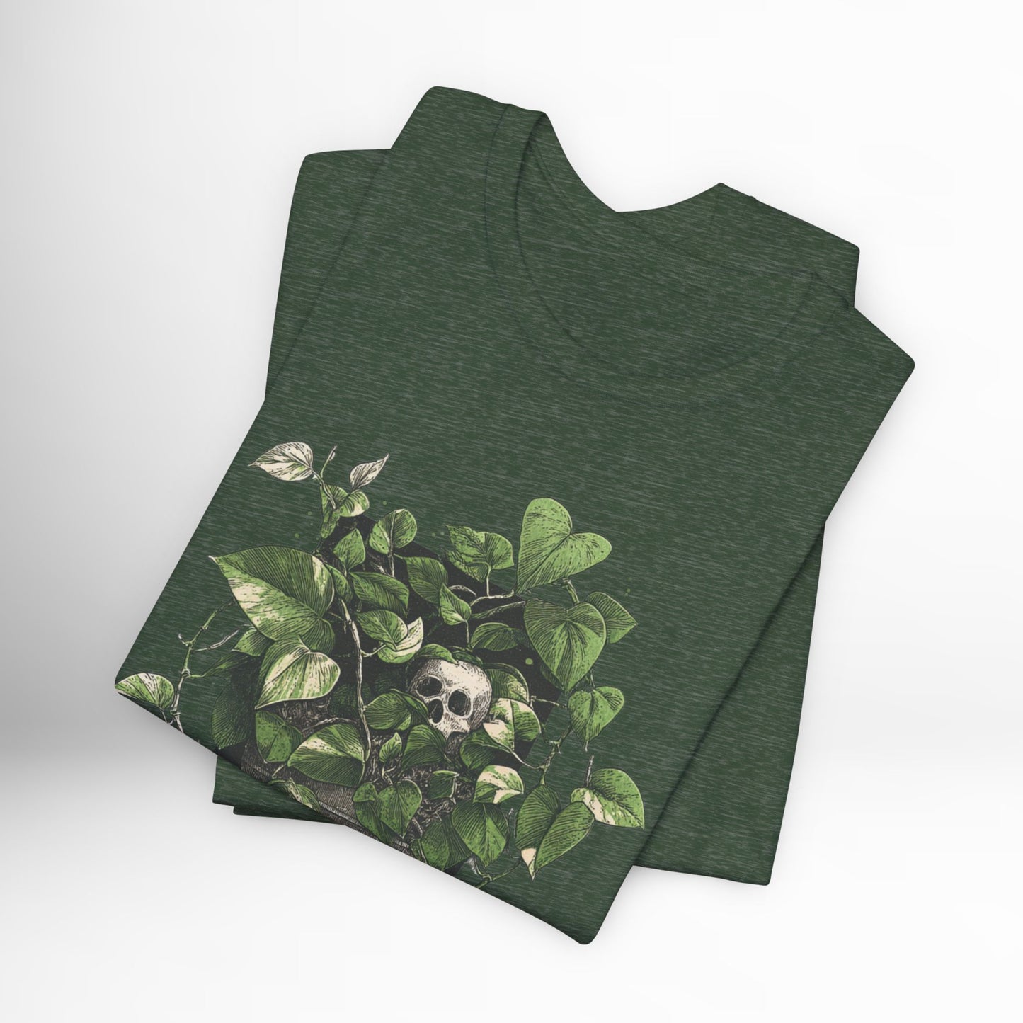 Green t-shirt with nature-themed design on a white background