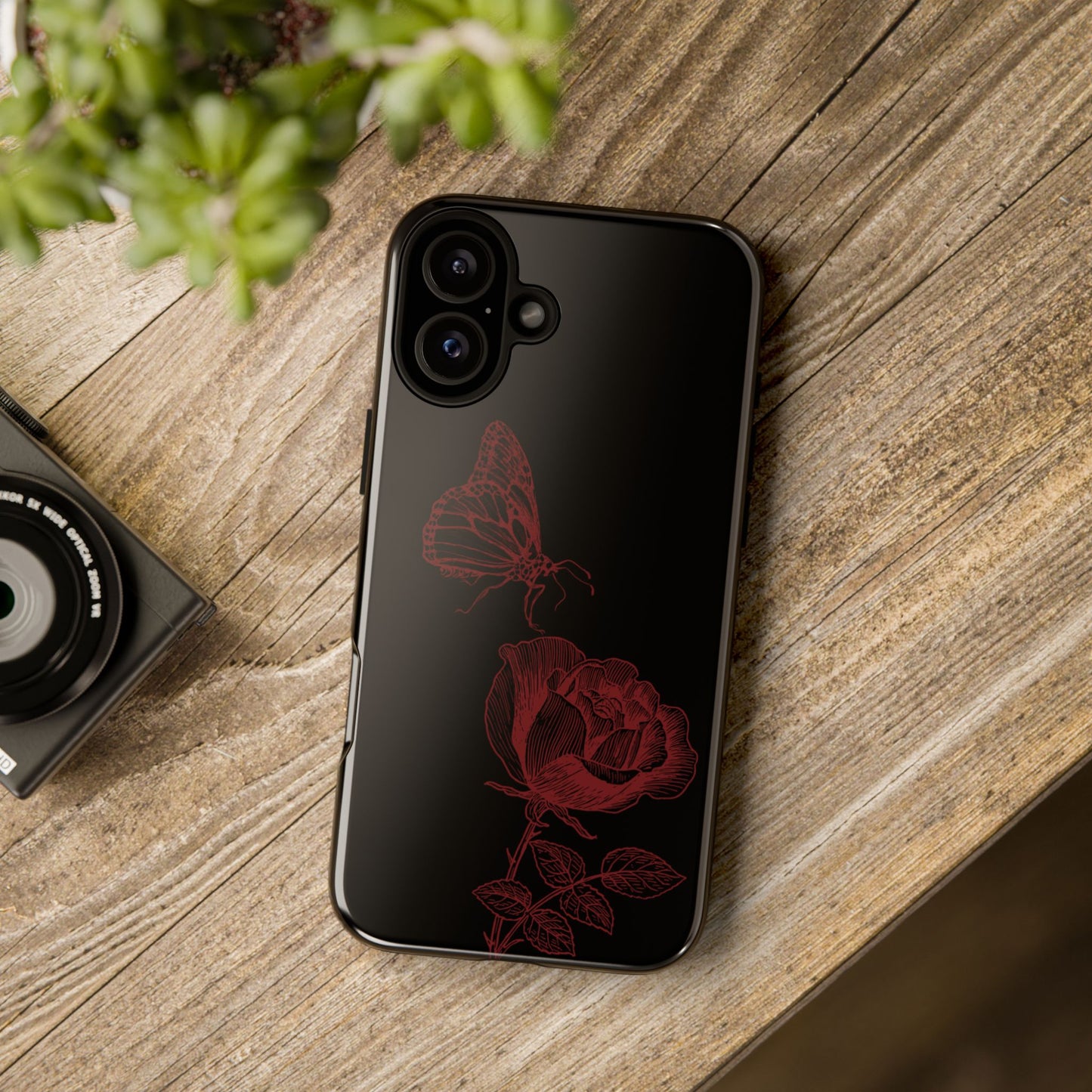 Black Rose and Butterfly Phone Case - Dark Academia Aesthetic Gothic iPhone, Galaxy and Pixel Cover