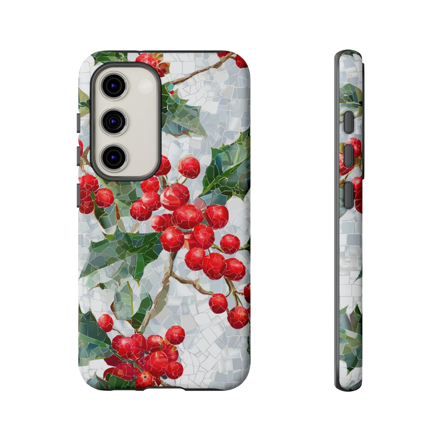 Holly Berry Phone Case, Christmas Mosaic Design, Winter Botanical Cover for iPhone Samsung Pixel