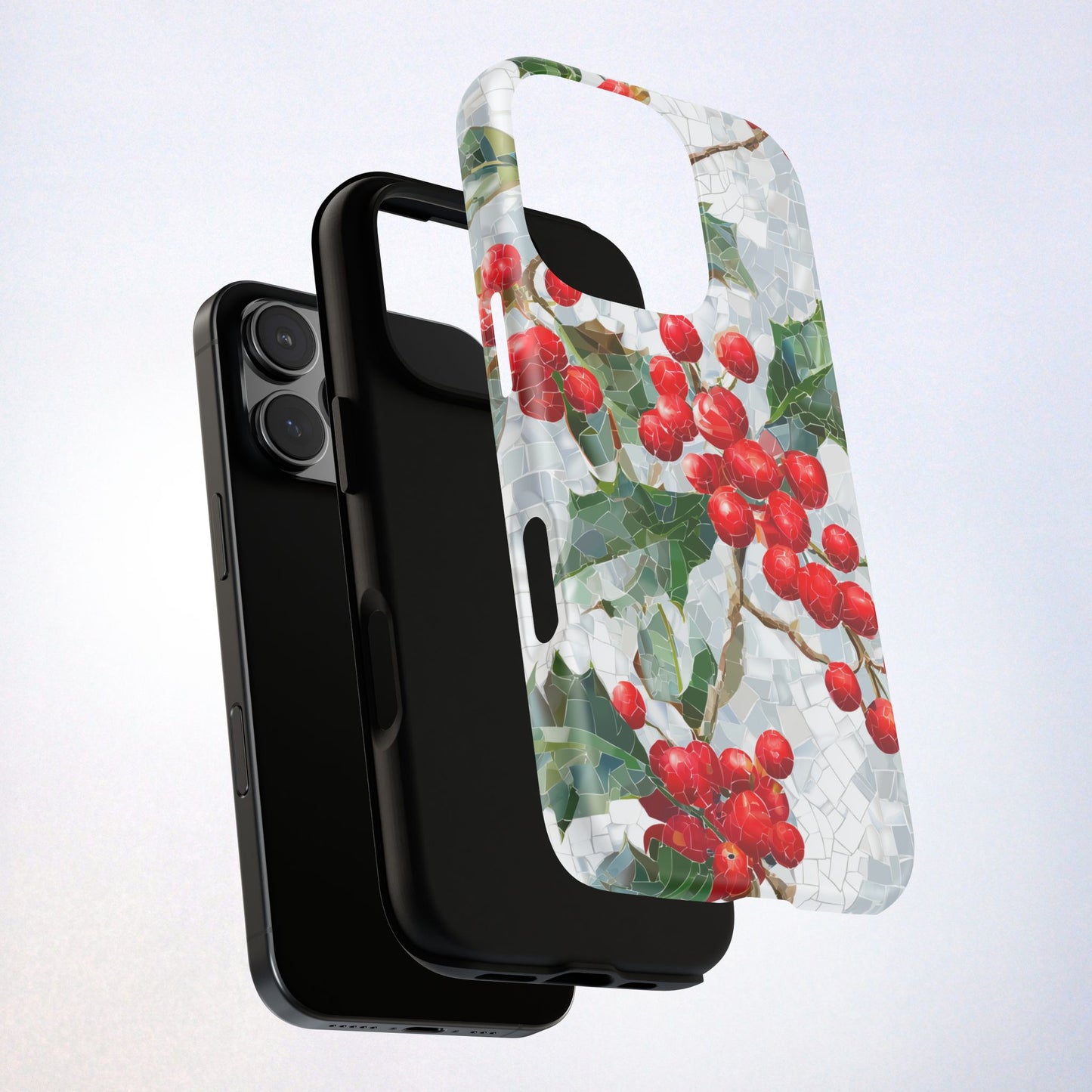 Holly Berry Phone Case, Christmas Mosaic Design, Winter Botanical Cover for iPhone Samsung Pixel