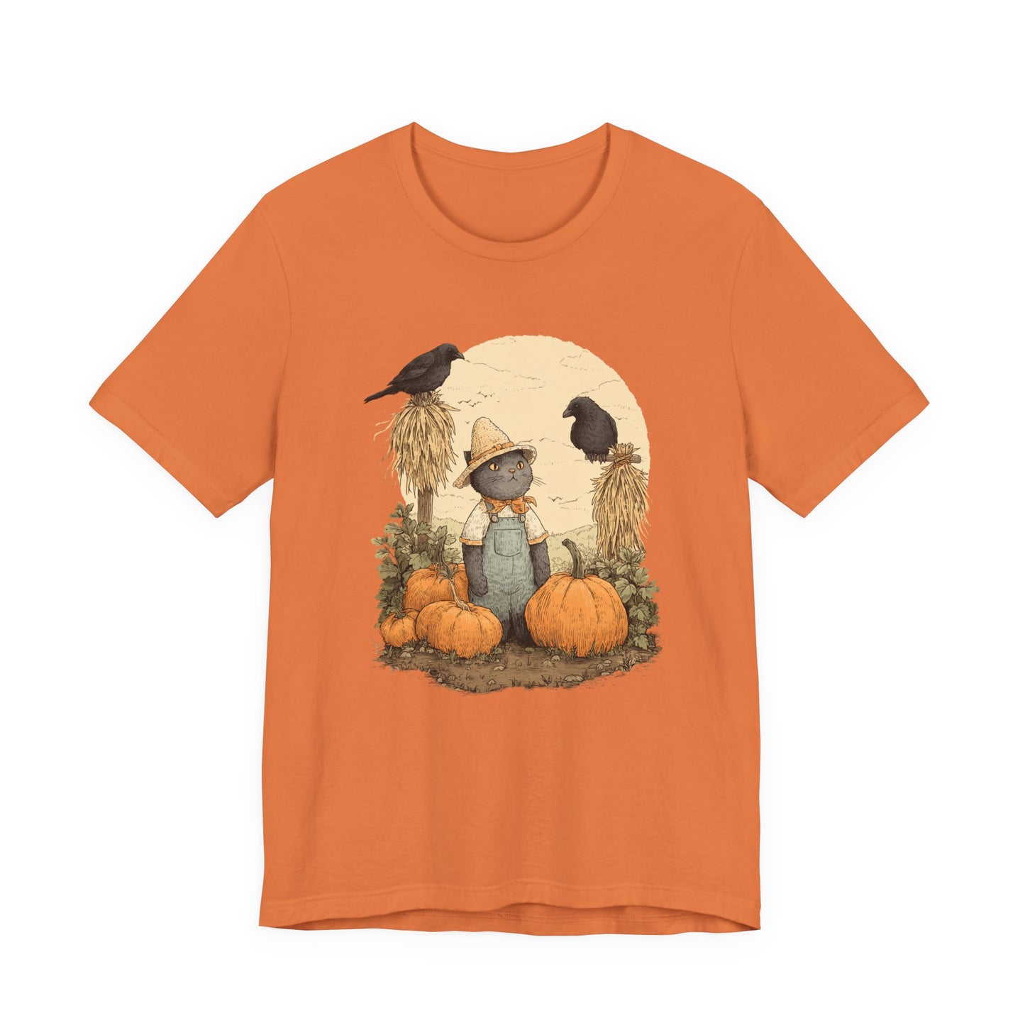Harvest Cat T-Shirt Grey Cat with Scarecrows & Pumpkins, Fall Graphic Tee, Halloween Cute Creepy Shirt, Autumn Pet Lover Gift