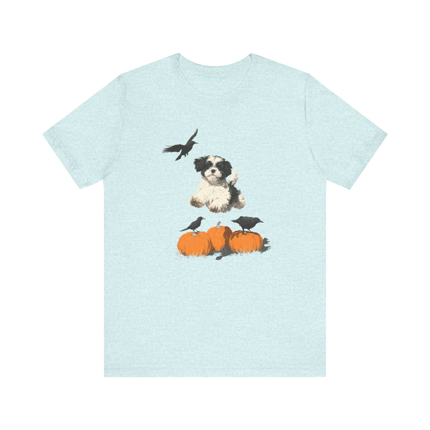 Shih Tzu Fall Shirt Black & White Dog Tee with Pumpkins and Crows, Autumn Pet Lover Gift, Halloween Cozy Graphic T-Shirt