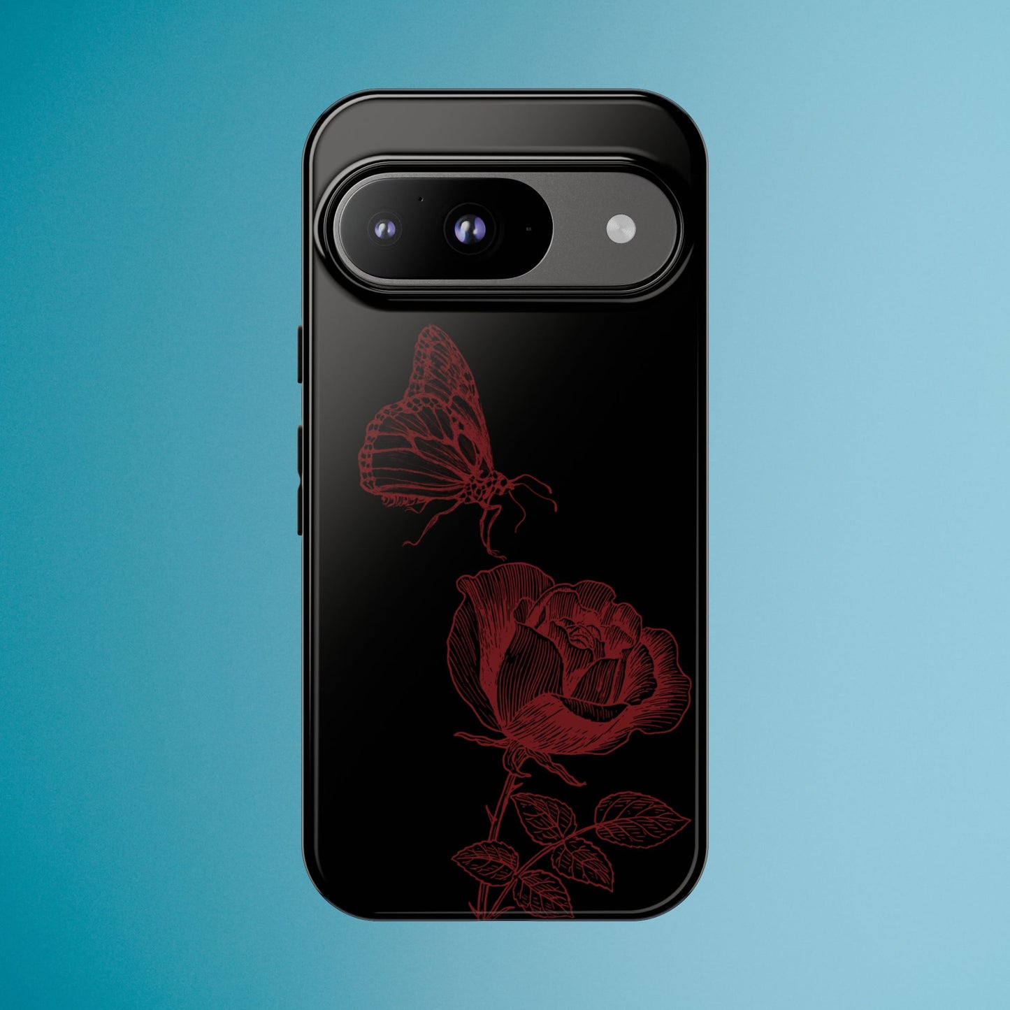 Black Rose and Butterfly Phone Case - Dark Academia Aesthetic Gothic iPhone, Galaxy and Pixel Cover