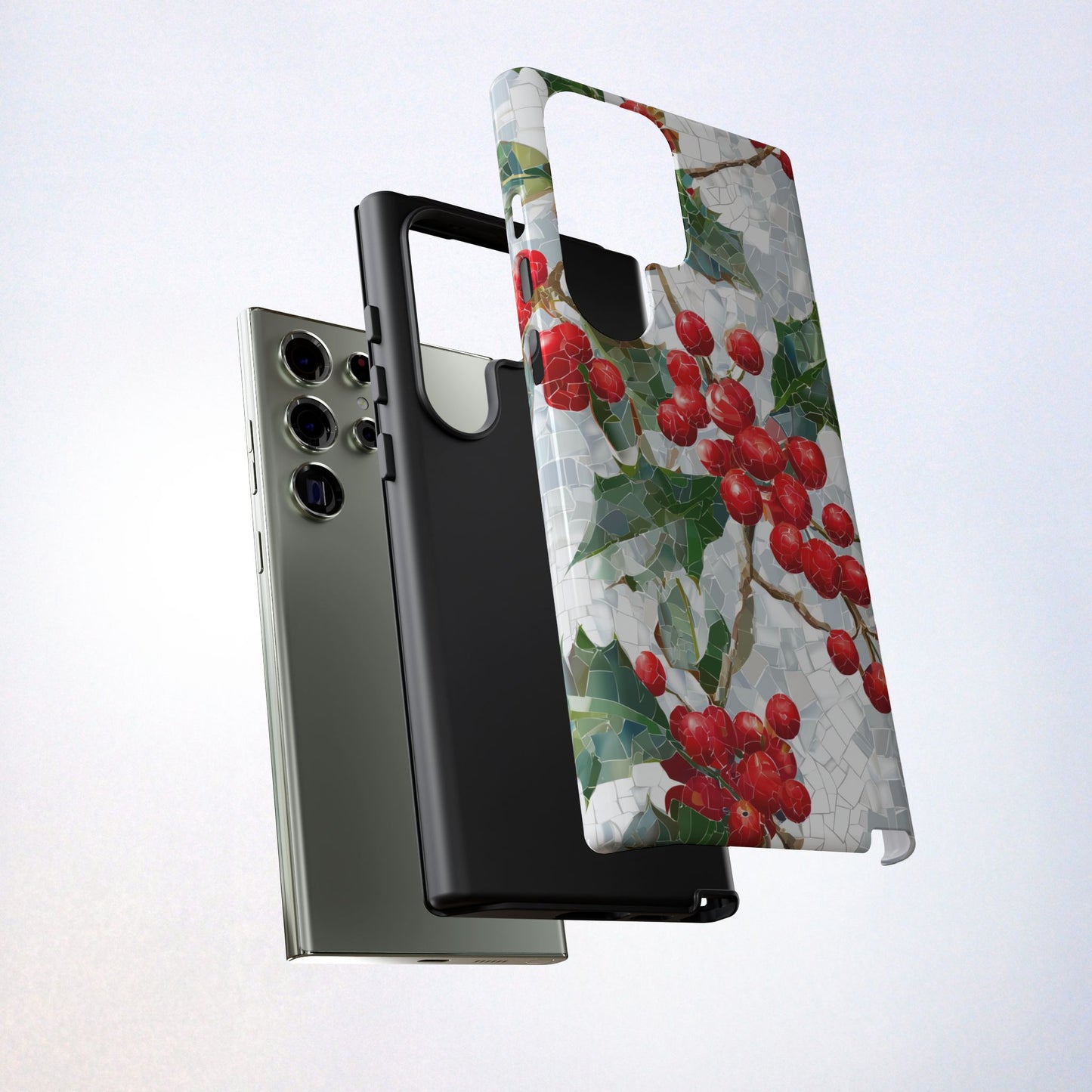 Holly Berry Phone Case, Christmas Mosaic Design, Winter Botanical Cover for iPhone Samsung Pixel