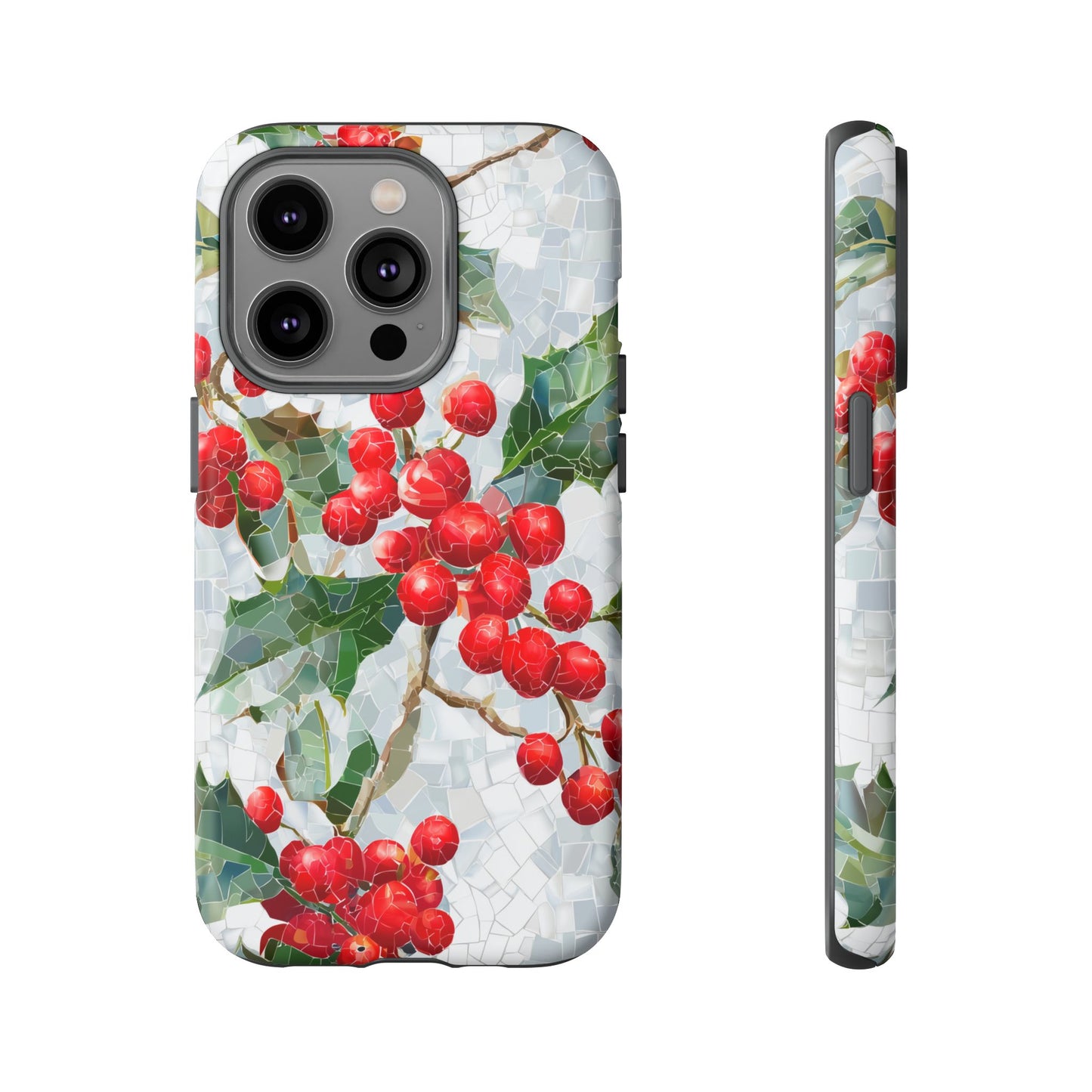 Holly Berry Phone Case, Christmas Mosaic Design, Winter Botanical Cover for iPhone Samsung Pixel