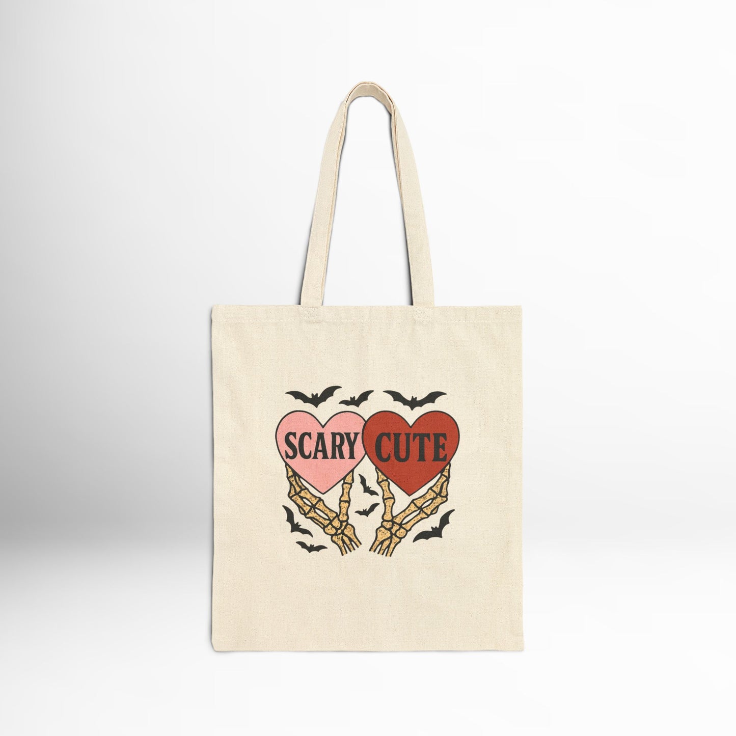 Scary Cute Tote Bag - Skeleton Hand Heart Graphic Black Cotton Bag