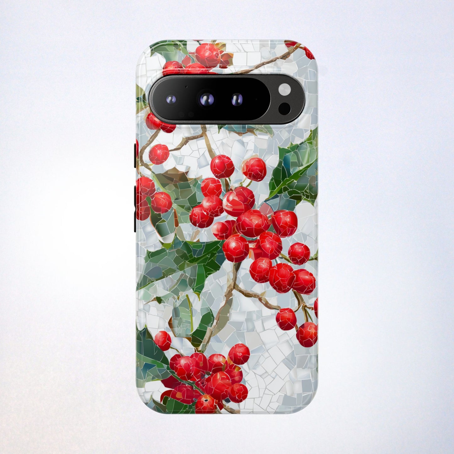 Holly Berry Phone Case, Christmas Mosaic Design, Winter Botanical Cover for iPhone Samsung Pixel