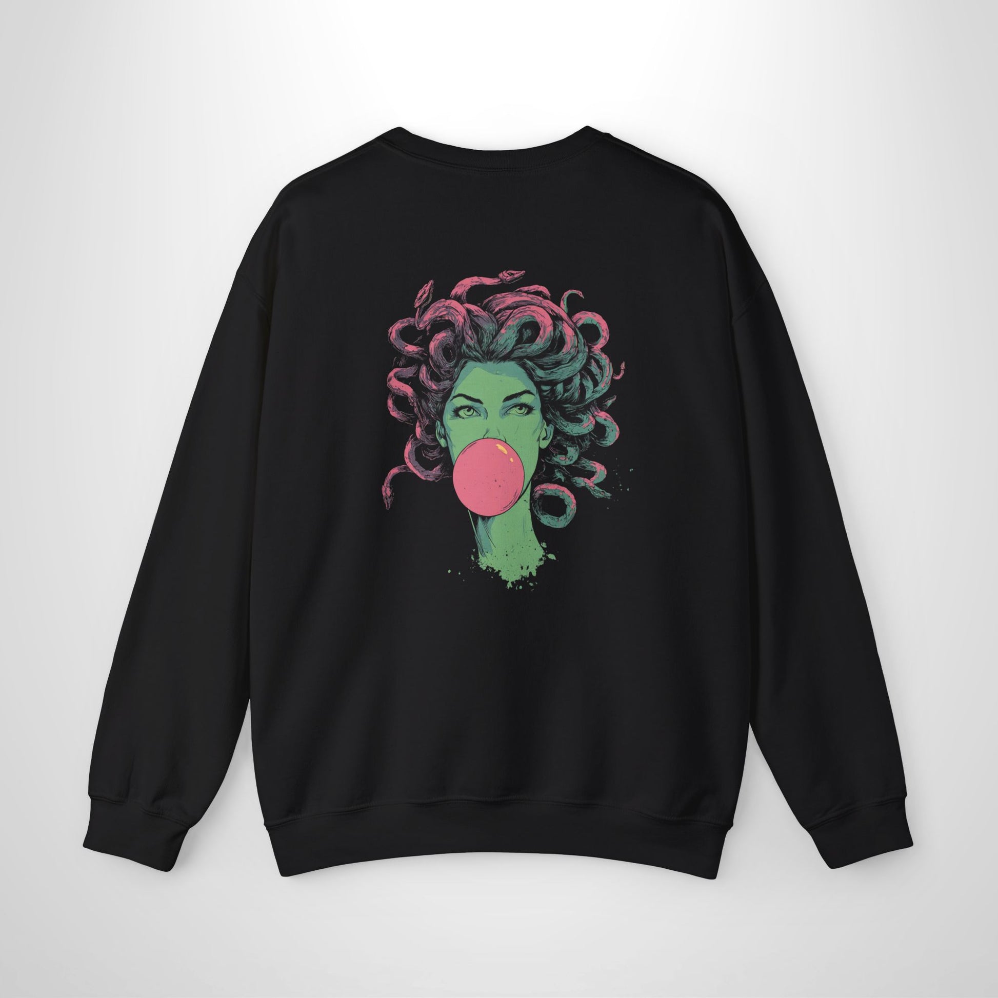 Black sweatshirt with Medusa bubblegum graphic design on the back.