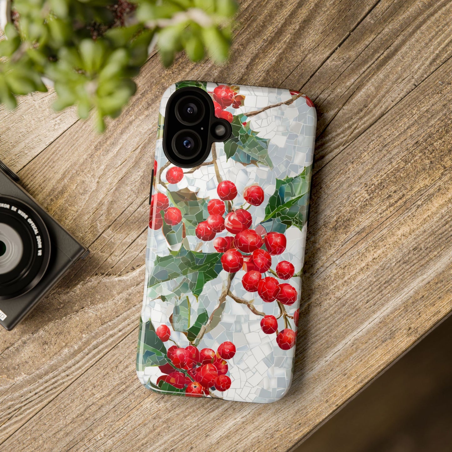Holly Berry Phone Case, Christmas Mosaic Design, Winter Botanical Cover for iPhone Samsung Pixel