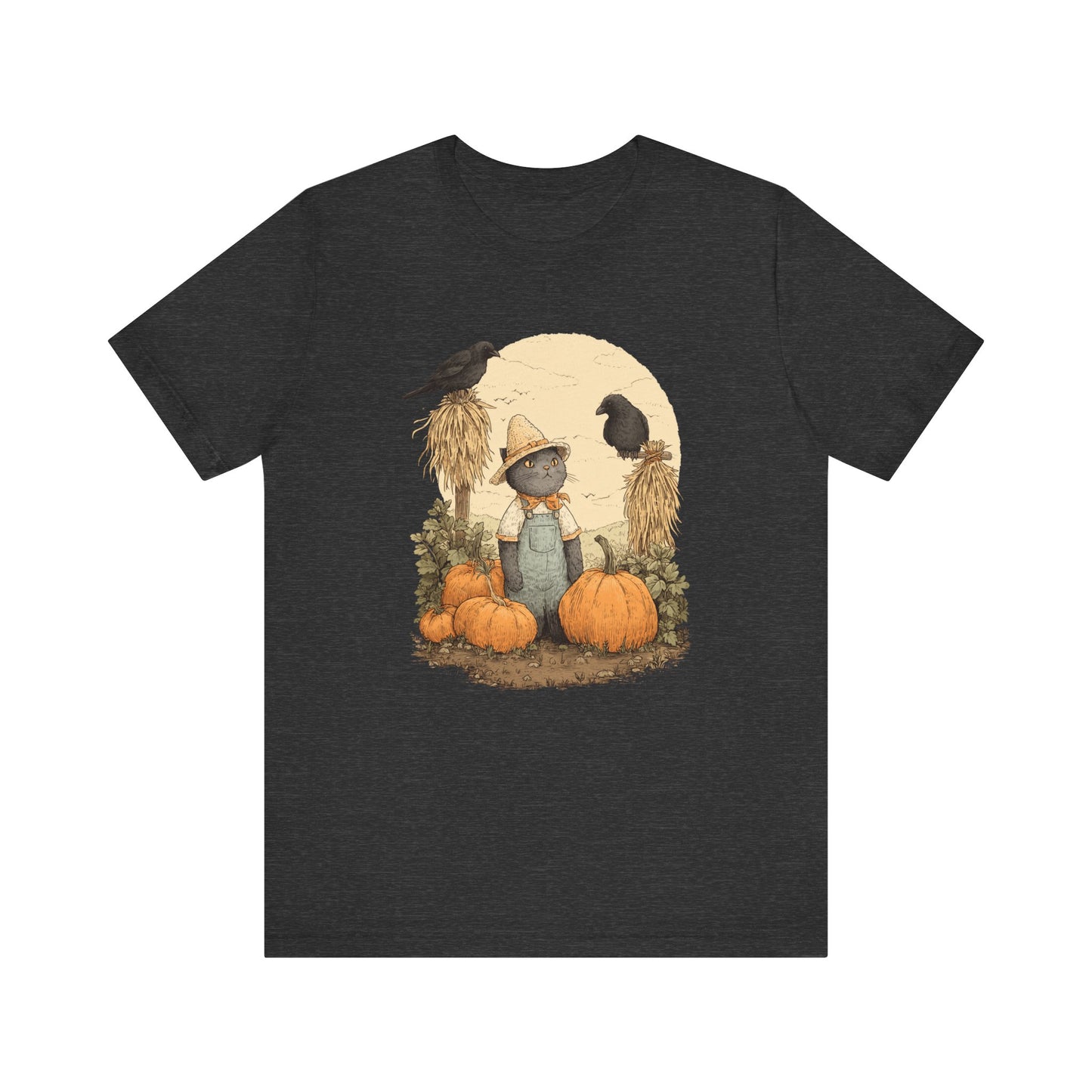 Harvest Cat T-Shirt Grey Cat with Scarecrows & Pumpkins, Fall Graphic Tee, Halloween Cute Creepy Shirt, Autumn Pet Lover Gift