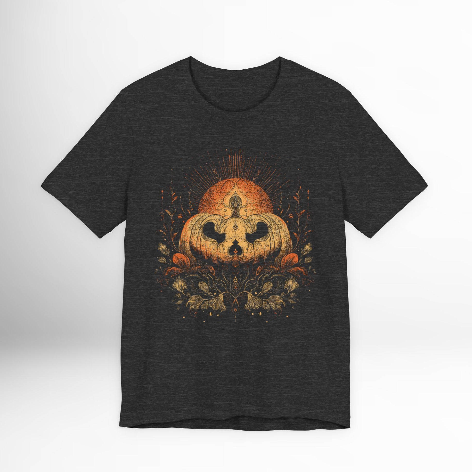 Black t-shirt with a pumpkin design on a white background