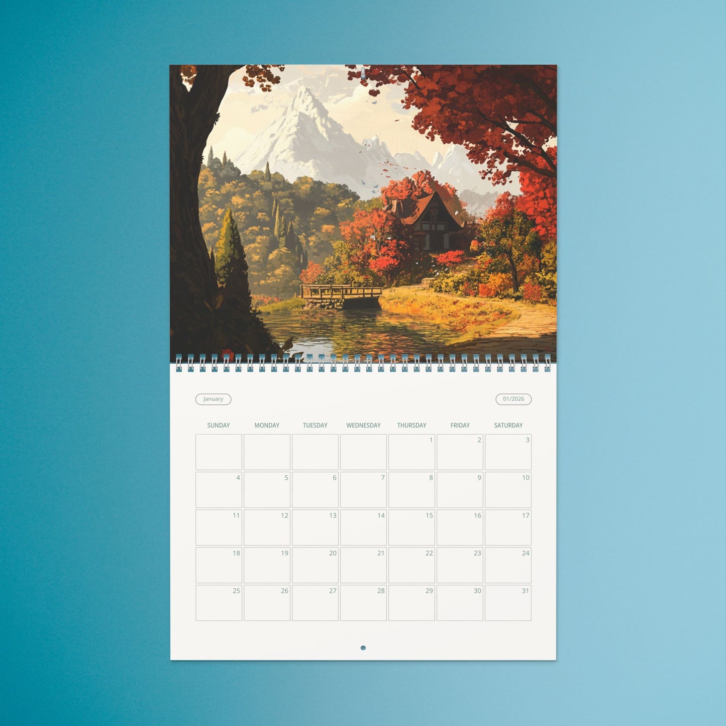 Calendar with a scenic autumn landscape design on a blue background