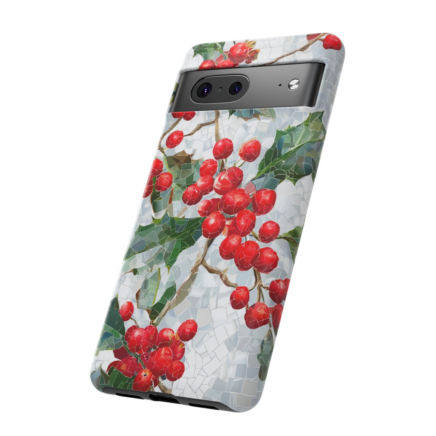 Holly Berry Phone Case, Christmas Mosaic Design, Winter Botanical Cover for iPhone Samsung Pixel