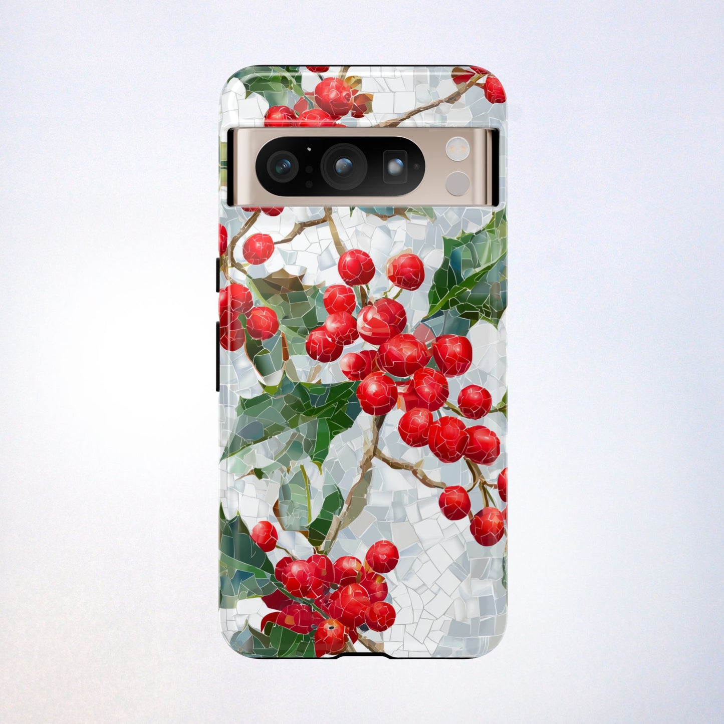 Holly Berry Phone Case, Christmas Mosaic Design, Winter Botanical Cover for iPhone Samsung Pixel
