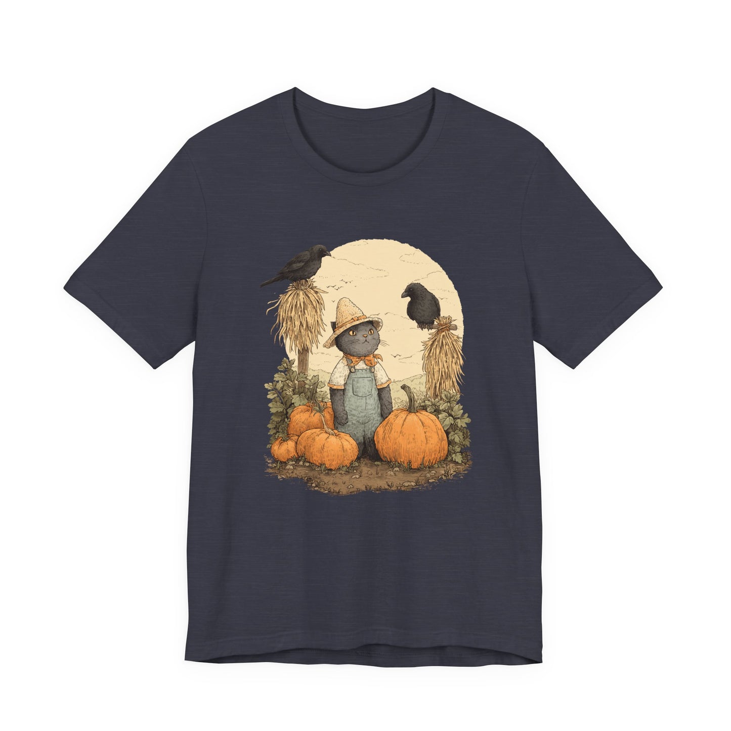 Harvest Cat T-Shirt Grey Cat with Scarecrows & Pumpkins, Fall Graphic Tee, Halloween Cute Creepy Shirt, Autumn Pet Lover Gift