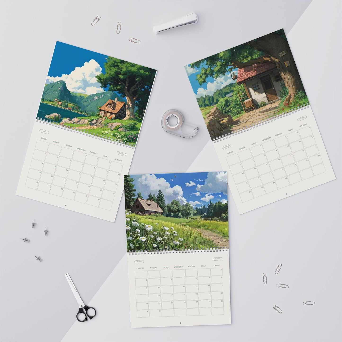 Anime 2026 wall calendar with Studio Ghibli inspired landscape scenes, hanging and flat display mockups.